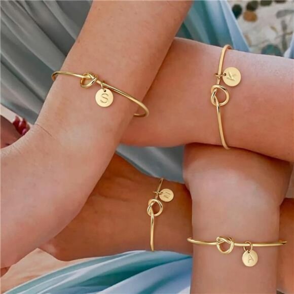 Gold initial bracelet dainty personalized letter cuff bangle jewelry for women - Picture 3 of 8